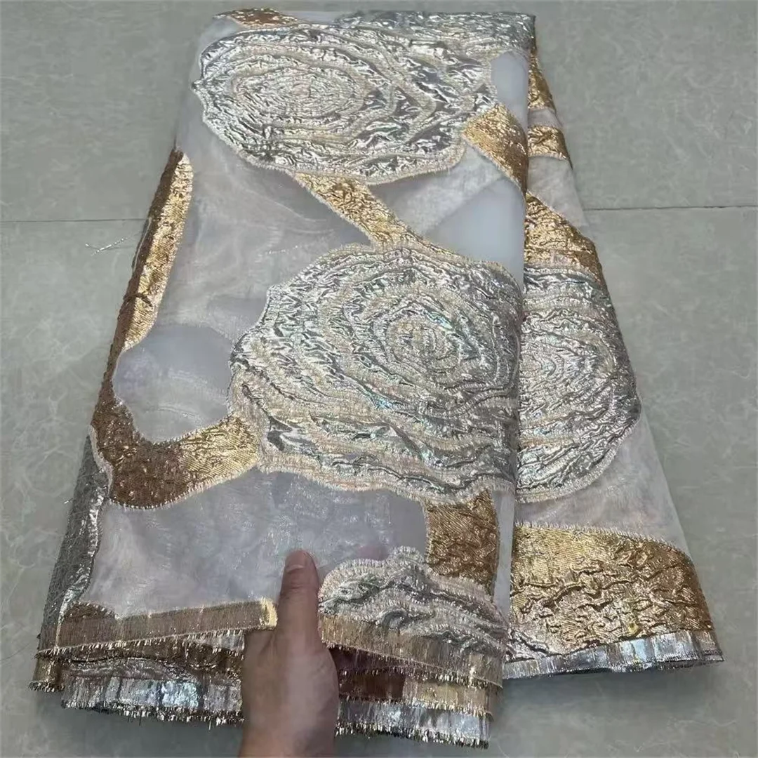 2025 Nigerian Brocade Lace Fabric – 5 Yards High-Quality Gilded Jacquard Lace for Luxury Party Dresses