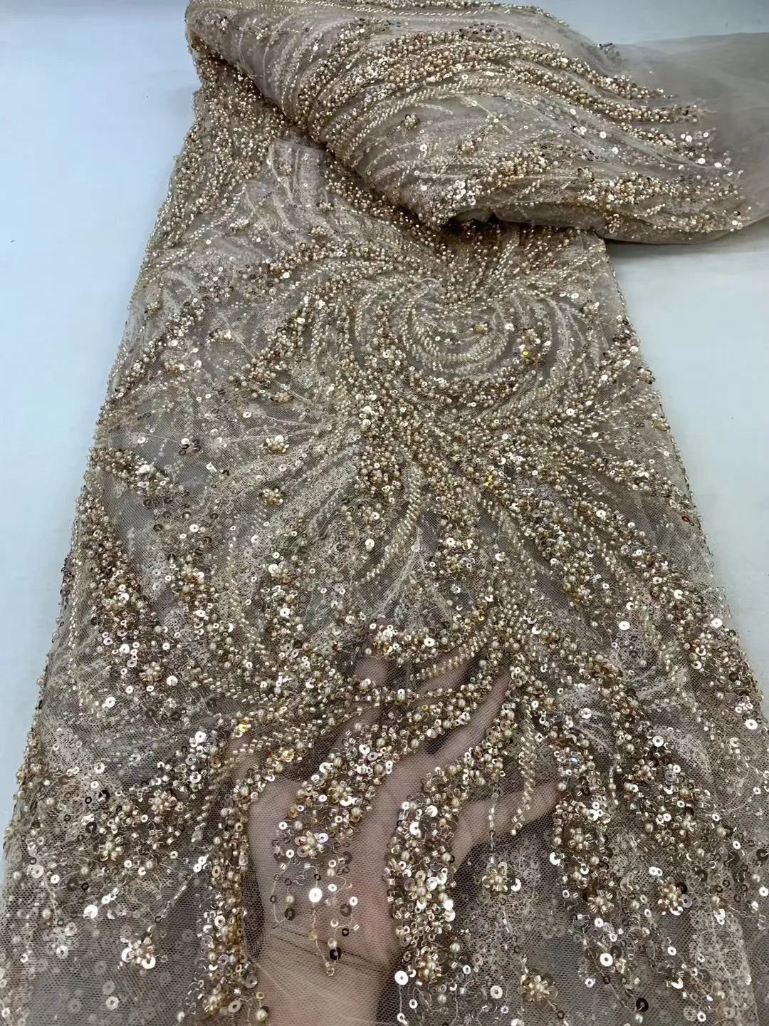 2025 Handmade Beaded Lace Fabric – 5 Yards French-Nigerian Sequined Bridal Mesh for Wedding & Couture Dresses