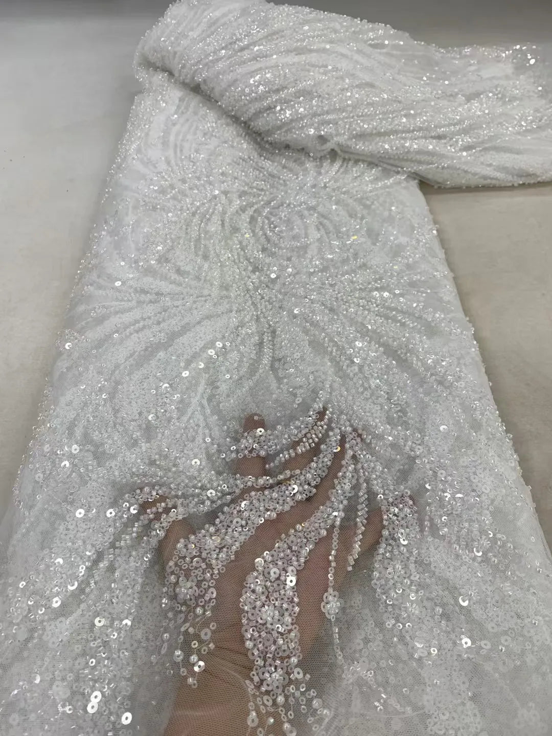 2025 Handmade Beaded Lace Fabric – 5 Yards French-Nigerian Sequined Bridal Mesh for Wedding & Couture Dresses