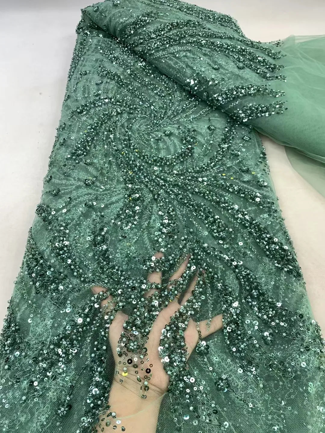 2025 Handmade Beaded Lace Fabric – 5 Yards French-Nigerian Sequined Bridal Mesh for Wedding & Couture Dresses