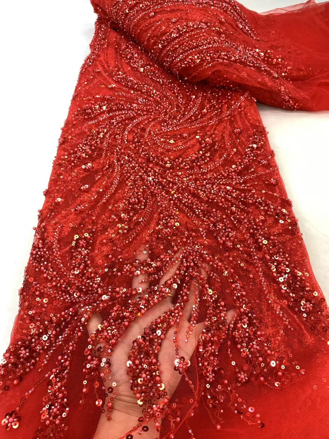 2025 Handmade Beaded Lace Fabric – 5 Yards French-Nigerian Sequined Bridal Mesh for Wedding & Couture Dresses