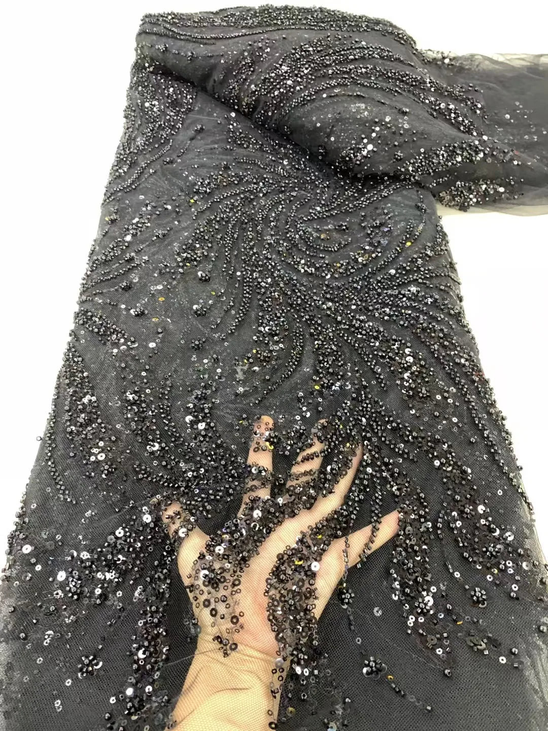 2025 Handmade Beaded Lace Fabric – 5 Yards French-Nigerian Sequined Bridal Mesh for Wedding & Couture Dresses